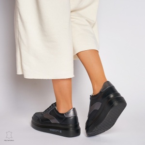 Pantofi Casual dama din Piele naturala cu talpa plata Multicolor LF0041 Negru - Img 3