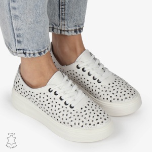 Pantofi Casual dama din Piele naturala PERFORAT USORI CU SIRET LF1341 ALB - Img 3