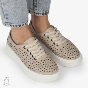 Pantofi Casual dama din Piele naturala PERFORATI USORI CU SIRET LF1341 BEJ
