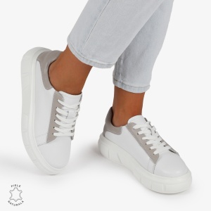 Pantofi Casual Dama Piele Naturala LF1000 Alb cu Gri