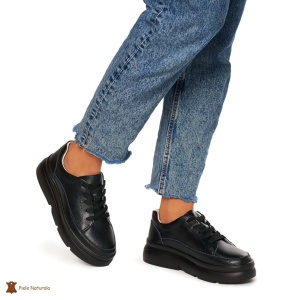 Pantofi Casual de dama din Piele naturala cu talpa groasa LF1319 NEGRU