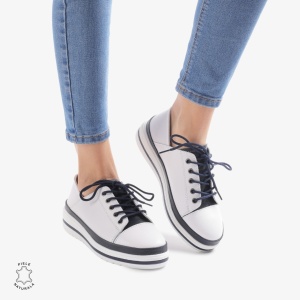 Pantofi casual piele naturala LF877 Alb cu Bleumarin - Img 3