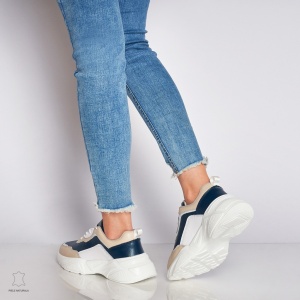 Pantofi Sport dama din Piele naturala cu talpa groasa Multicolor LF0036 Bleumarin cu Bej - Img 2