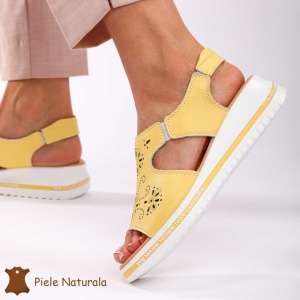 Sandale dama din Piele Naturala cu talpa Inalta LF0195 GALBEN - Img 2