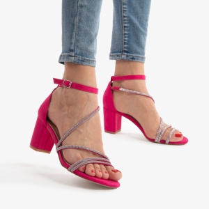 SANDALE ELEGANTE DIN PIELE ECOLOGICA Intoarsa Cu Toc Gros si strasuri LF0754 FUCSIA