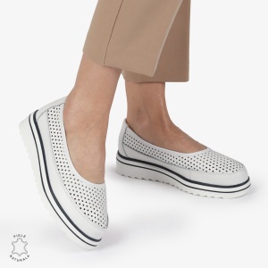 Balerini dama din Piele Naturala cu talpa groasa LF0172 ALB