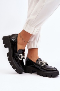 Mocasini DAMA din PIELE ECOLOGICA LACUITA CU PIETRE STRALUCITOARE LF0973 CULOARE: Negru