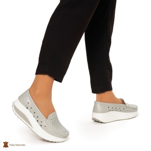Mocasini Dama Piele Naturala perforati cu talpa groasa LF0079 GRI