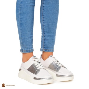 Pantofi Casual dama din Piele naturala cu talpa groasa LF0056 ALB CU ARGINTIU