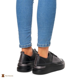 Pantofi Casual dama din Piele naturala cu talpa groasa LF0056 NEGRU CU PEWTER - Img 4