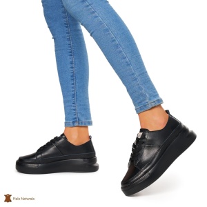Pantofi Casual dama din Piele naturala cu talpa groasa LF0056 NEGRU - Img 2