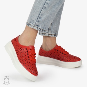 Pantofi Casual dama din Piele naturala PERFORATI USORI CU SIRET LF1341 ROSU