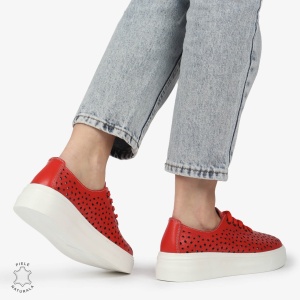 Pantofi Casual dama din Piele naturala PERFORATI USORI CU SIRET LF1341 ROSU - Img 4