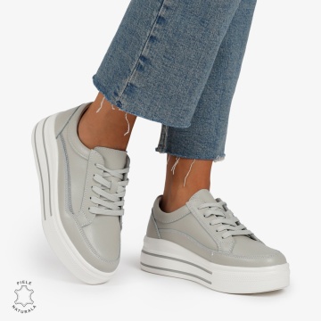 Pantofi Casual de dama din Piele Naturala cu talpa inalta si Dungi LF1203 GRI