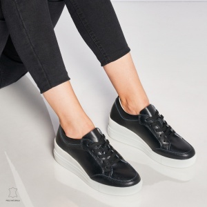 Pantofi casual de dama din piele naturala cu talpa plata LF0034 Negri