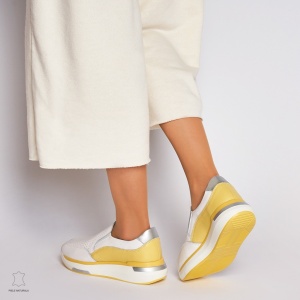 Pantofi casual de dama din piele naturala cu talpa platforma LF0015 Alb cu galben - Img 4