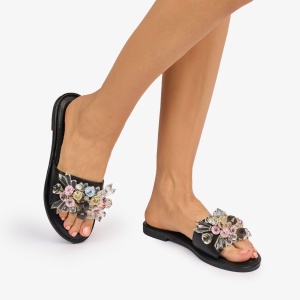 PAPUCI dama din Piele ECOLOGICA cu pietre cristaline colorate LF1081 CULOARE: Negru - Img 3