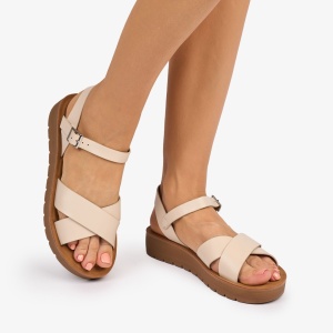 SANDALE dama din Piele ECOLOGICA CU BRETELE MODEL SIMPLU LF1094 CULOARE: BEJ