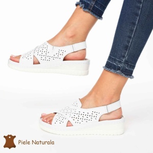 Sandale dama din Piele Naturala cu talpa inalta LF0205 ALB - Img 2