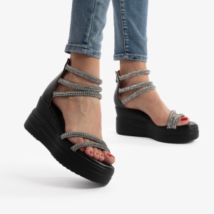 SANDALE DIN PIELE ECOLOGICA CU PLATFORMA SI STRASURI LF0749 NEGRU