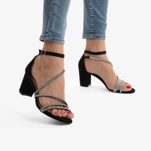 SANDALE ELEGANTE DIN PIELE ECOLOGICA Intoarsa Cu Toc Gros si strasuri LF0754 NEGRU