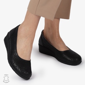 Balerini dama din Piele Naturala cu talpa groasa si Perforati LF01381NEGRU