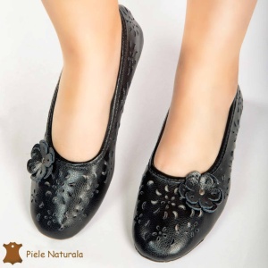 Balerini DAMA perforați CU FLOARE DECORATIVA LATERALA din piele naturala LF0181 CULOARE: NEGRU