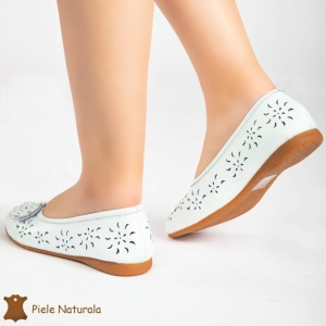 Balerini DAMA perforați CU FLOARE DECORATIVA LATERALA din piele naturala LF0181 CULOARE: ALB - Img 2