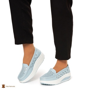 Mocasini Dama Piele Naturala perforati cu talpa groasa LF0079 ALBASTRRU