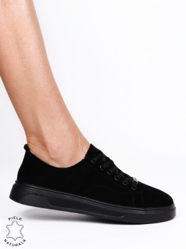 Pantofi casual dama din piele naturală cu accesoriu decorativ LF1821 Negru - Img 2