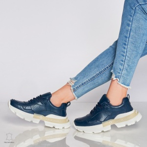Pantofi Casual dama din Piele naturala cu talpa groasa LF0046 Bleumarin - Img 2