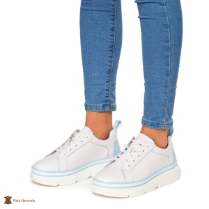 Pantofi Casual dama din Piele naturala cu talpa groasa LF0054 ALB CU ALBASTRU