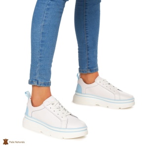 Pantofi Casual dama din Piele naturala cu talpa groasa LF0054 ALB CU ALBASTRU - Img 2