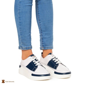 Pantofi Casual dama din Piele naturala cu talpa groasa LF0056 ALB CU NAVY