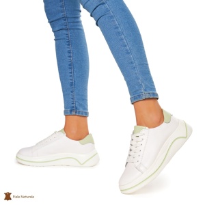Pantofi Casual dama din Piele Naturala LF0059 ALB CU VERDE