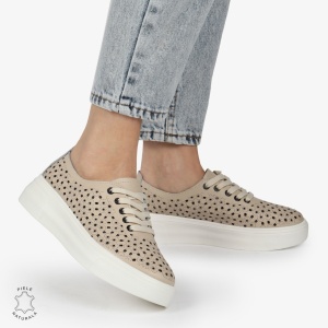 Pantofi Casual dama din Piele naturala PERFORATI USORI CU SIRET LF1341 BEJ - Img 4