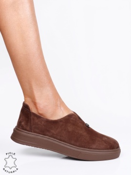 Pantofi damă slip-on din piele naturală întoarsă, model casual modern CRL1817 Cafeniu