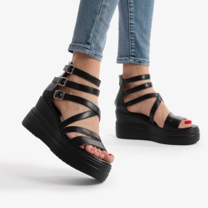 SANDALE DIN PIELE ECOLOGICA CU PLATFORMA LF0751 NEGRU