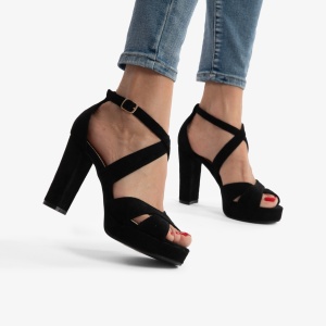 SANDALE DIN PIELE ECOLOGICA Intoarsa cu Toc Gros LF0755 Negru