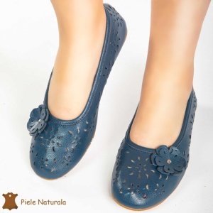 Balerini DAMA perforați CU FLOARE DECORATIVA LATERALA din piele naturala LF0181 CULOARE: NAVY