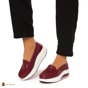 Mocasini Dama Piele Naturala perforati cu talpa groasa LF0079 BORDO - Img 2