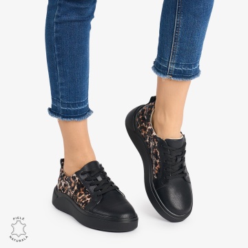Pantofi Casual DAMA din PIELE Naturala cu imprimeu de leopard LF0949 CULOARE: Negru