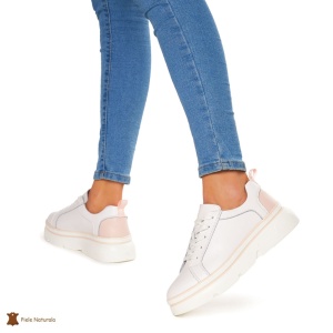 Pantofi Casual dama din Piele naturala cu talpa groasa LF0054 ALB CU ROZ - Img 3