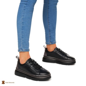Pantofi Casual dama din Piele naturala cu talpa groasa LF0054 NEGRU