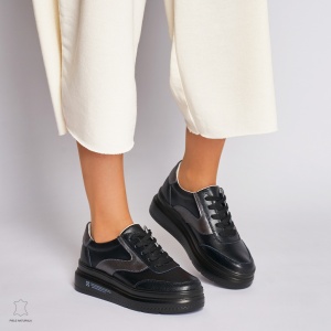 Pantofi Casual dama din Piele naturala cu talpa plata Multicolor LF0041 Negru