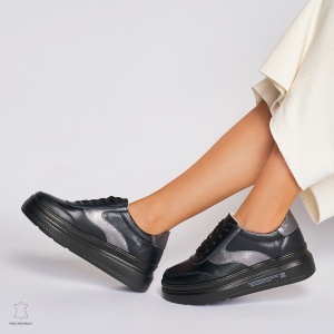 Pantofi Casual dama din Piele naturala cu talpa plata Multicolor LF0041 Negru - Img 4