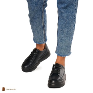 Pantofi Casual de dama din Piele naturala cu talpa groasa LF1319 NEGRU - Img 4
