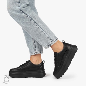 Pantofi CASUAL PIELE NATURALA dunga decorativa cu talpa inalta LF1261 Negru - Img 3