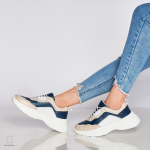 Pantofi Sport dama din Piele naturala cu talpa groasa Multicolor LF0036 Bleumarin cu Bej - Img 3