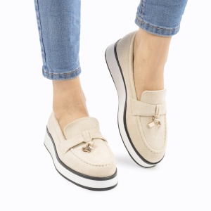 Mocasini DAMA din PIELE ECOLOGICA INTOARSA cu detaliu auriu LF0959 CULOARE: Bej - Img 4